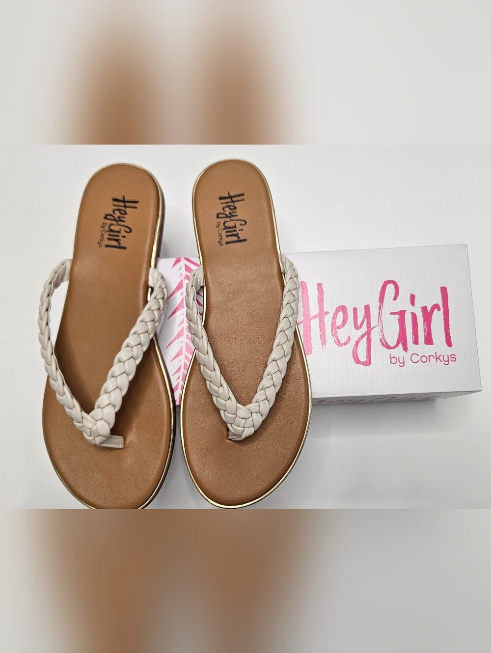 HeyGirl by Corkys Braided Cream Flip Flop Sandals with Tan Footbed
